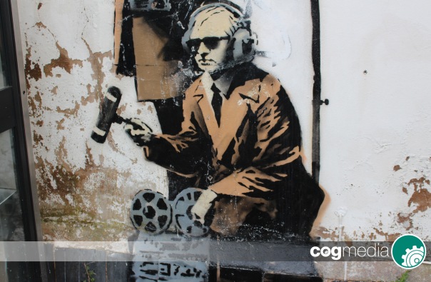 Banksy Graffiti telephone box Cheltenham